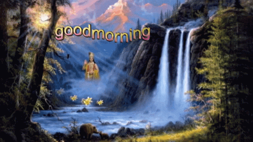 the words good morning are printed over a waterfall with an image of two people and their name