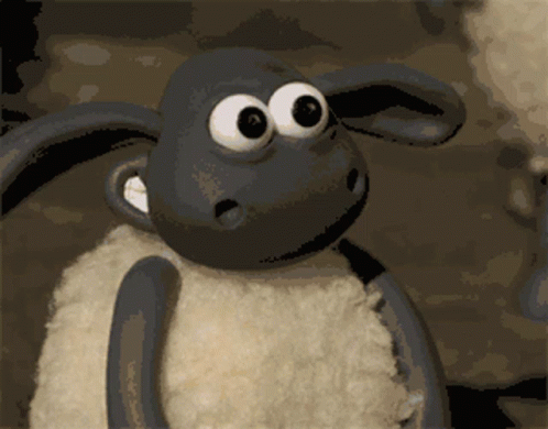 a cartoon sheep standing with his head turned sideways