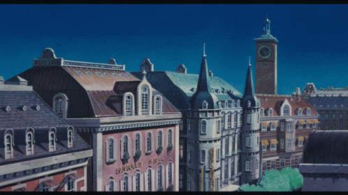 a painting of buildings and a clock tower