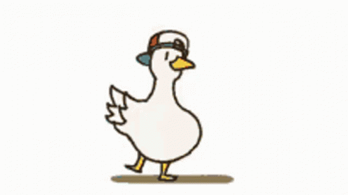 a white duck with blue shoes standing