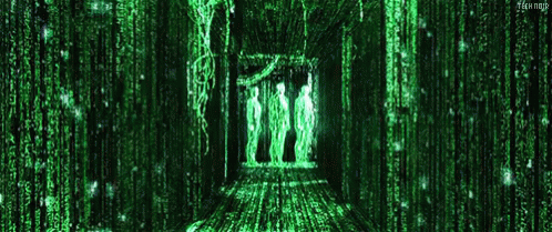 a very long tunnel with several green figures in it