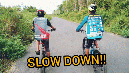two people ride bicycles down a country road