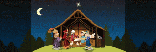 an animated nativity scene with the baby jesus in a stable