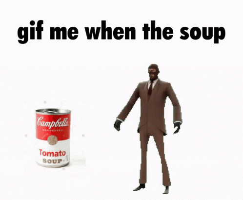 a picture of someone standing next to a can of soup