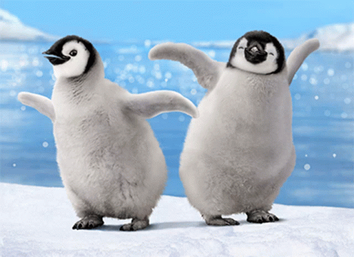 two penguins are standing next to each other and looking at soing