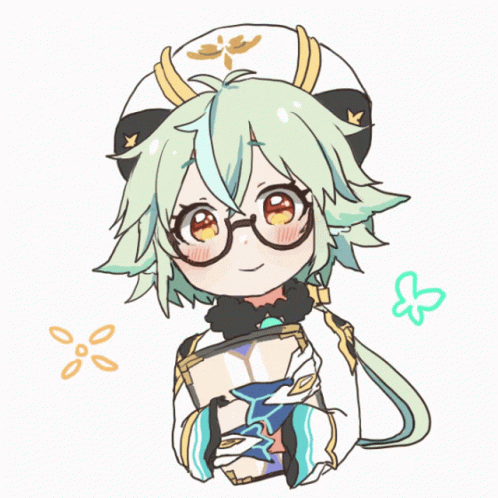 an anime character with horns and glasses and a backpack