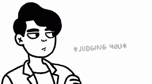 a drawing of a man with glasses in front of a text that says judging you