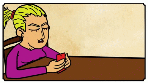 a cartoon of a woman sitting in front of a table holding a phone