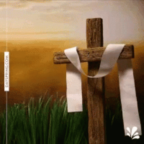 the cross is sitting up in front of some grass and flowers
