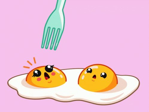 two eggs with eyes are being fried while being eaten by a fork