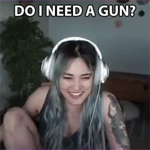 an asian girl has a poster with words about a gun
