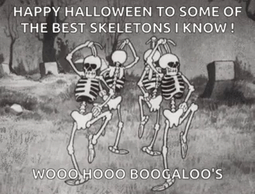 a cartoon cartoon with three skeletons dancing together
