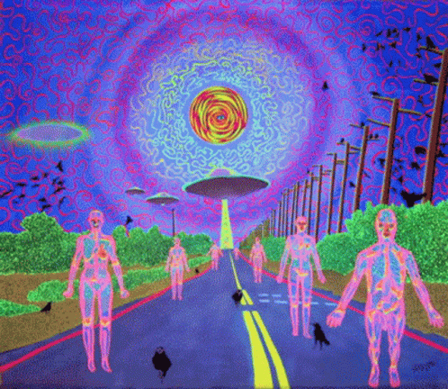 a painting of people walking on a road with a pink sun behind them
