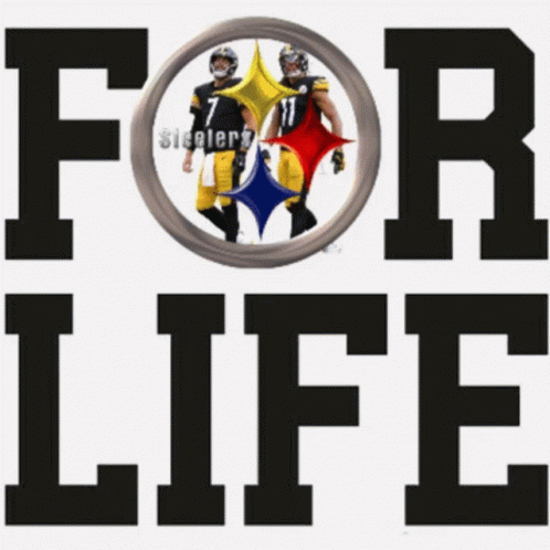 the text for life features two blue and black figures