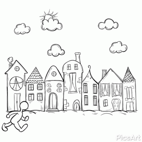 a drawing of an empty town, which is part of a coloring book page