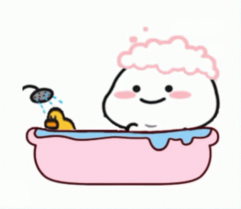 a cartoon character taking a bath with sponges on it