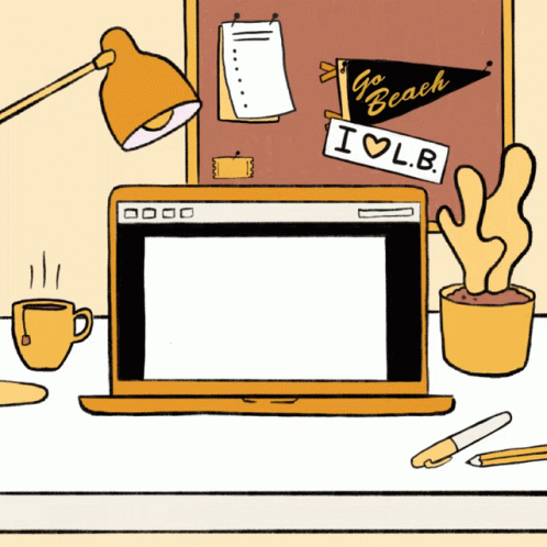 an illustrated scene showing a laptop and coffee cup
