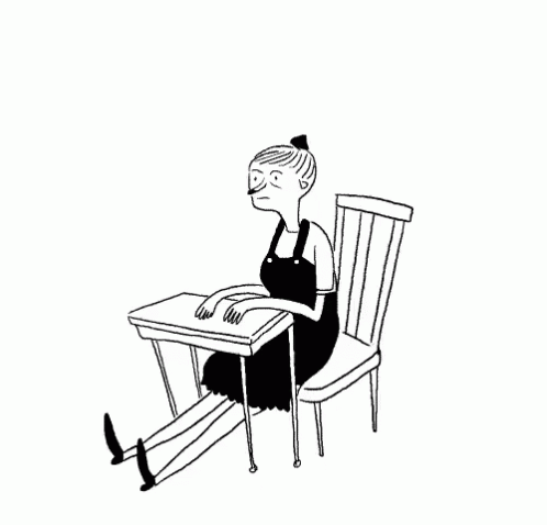 a drawing of a woman in a black dress sitting at a desk with her head on the table