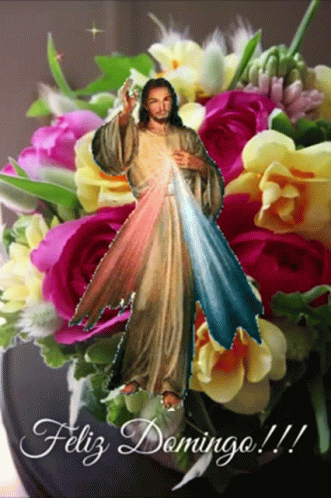 a religious poster of a religious icon surrounded by flowers