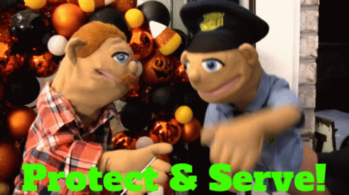 two blue men in costumes with words protect & serve