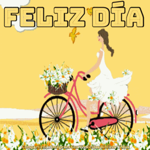 a woman riding a bike near a field full of flowers