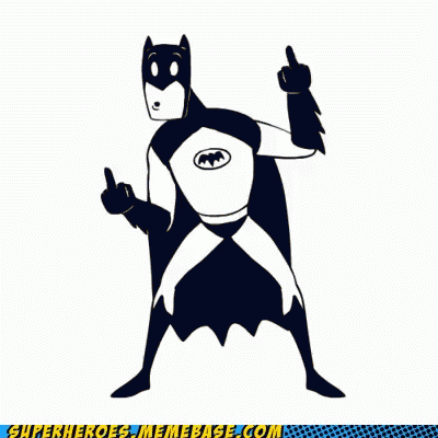 an batman holding the finger up to the camera