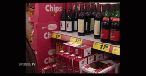 display of chips and wine in a liquor store