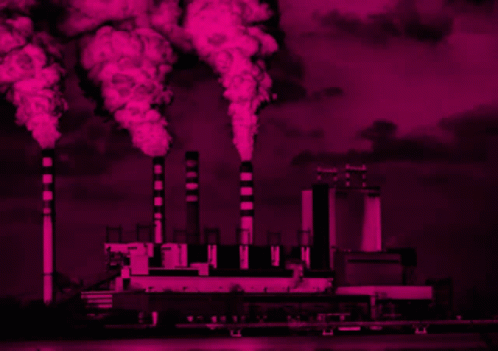 a black and purple picture of the factory with smoke coming out