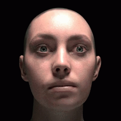 an animation of a woman's face in white and blue light