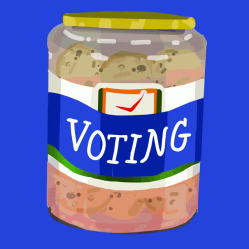 a colorful jar of blueberries that is labelled voting