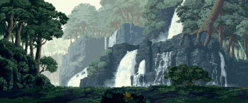 a waterfall is seen in this artistic video game scene
