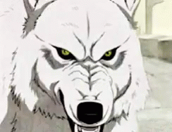 an animated wolf with glowing blue eyes walking in the snow