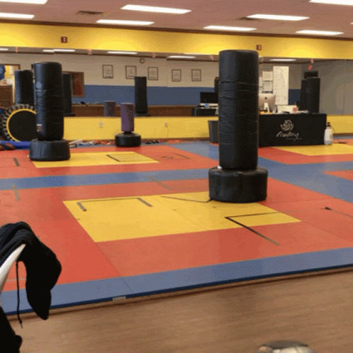 a room with blue tarps and black punching bags on the ground