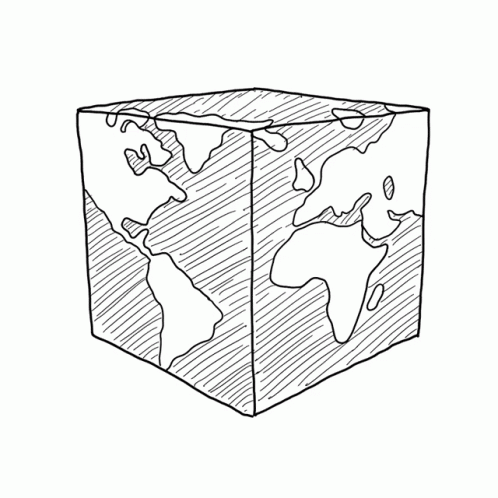 an artistic cube with a globe drawing on it