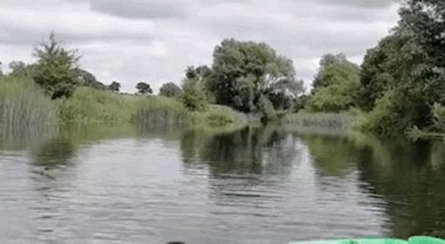 a green raft floats along a calm river