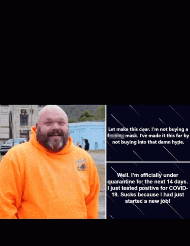 a man with a beard in a blue sweater and some words