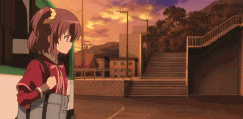 anime animated scene of woman standing on city sidewalk
