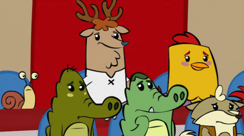 an animated scene showing a cartoon and various other characters standing next to each other