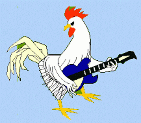 an artistic po of a chicken playing an electric guitar