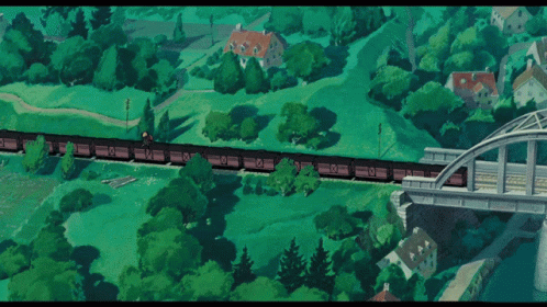 an animation picture of train passing over a bridge
