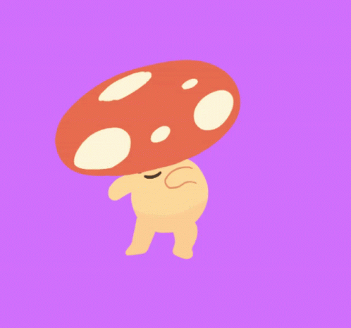the large mushroom is blue and white, with a pink background