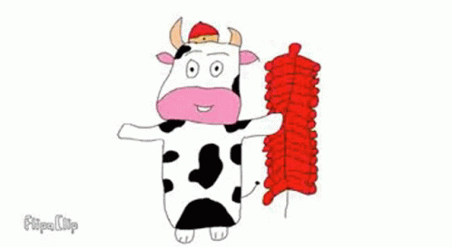 an animated cow with a frizbee in its hand