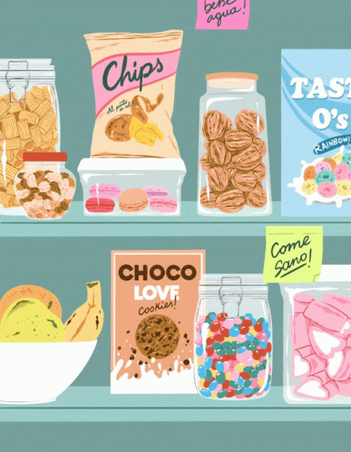 a cartoon picture of food labeled in blue and white bags