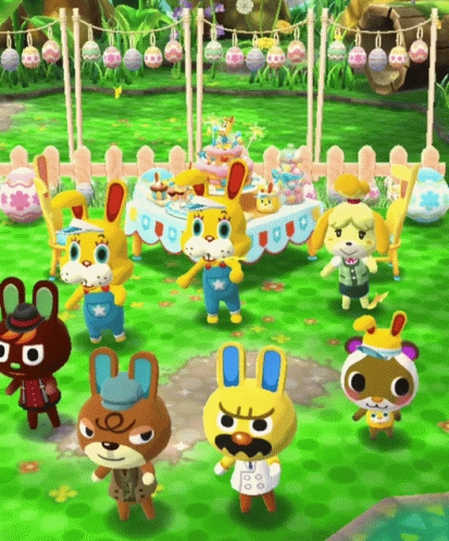 some cartoon characters in front of easter decorations