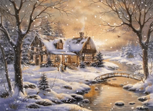 a painting of a snow scene with a small house and bridge