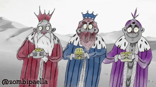 the three gentlemen wearing crowns are talking about their things