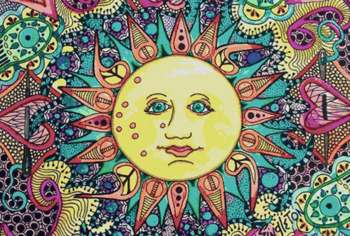 the sun has many eyes and colorful patterns on it