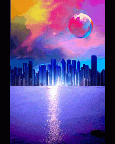 an abstract city with buildings under a colorful sky
