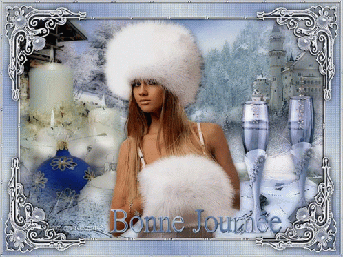 a blue haired woman in white fur hat