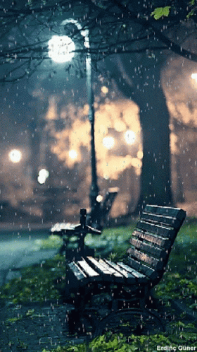 there is a wooden bench under the rain